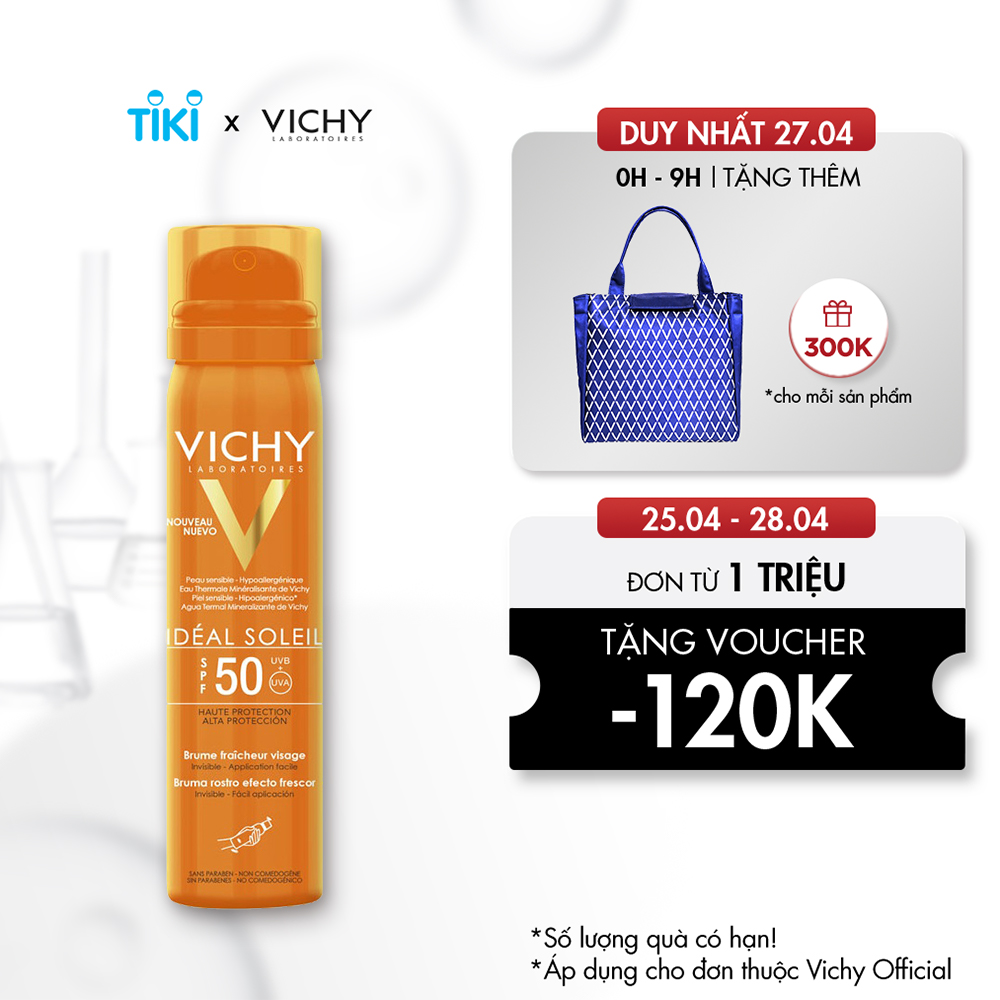 Xịt Khoáng Chống Nắng Giảm Dầu Khô Ráo Và Không Gây Nhờn Rít SPF 50 PA+++ UVA &amp; UVB Vichy Ideal Soleil 75ml