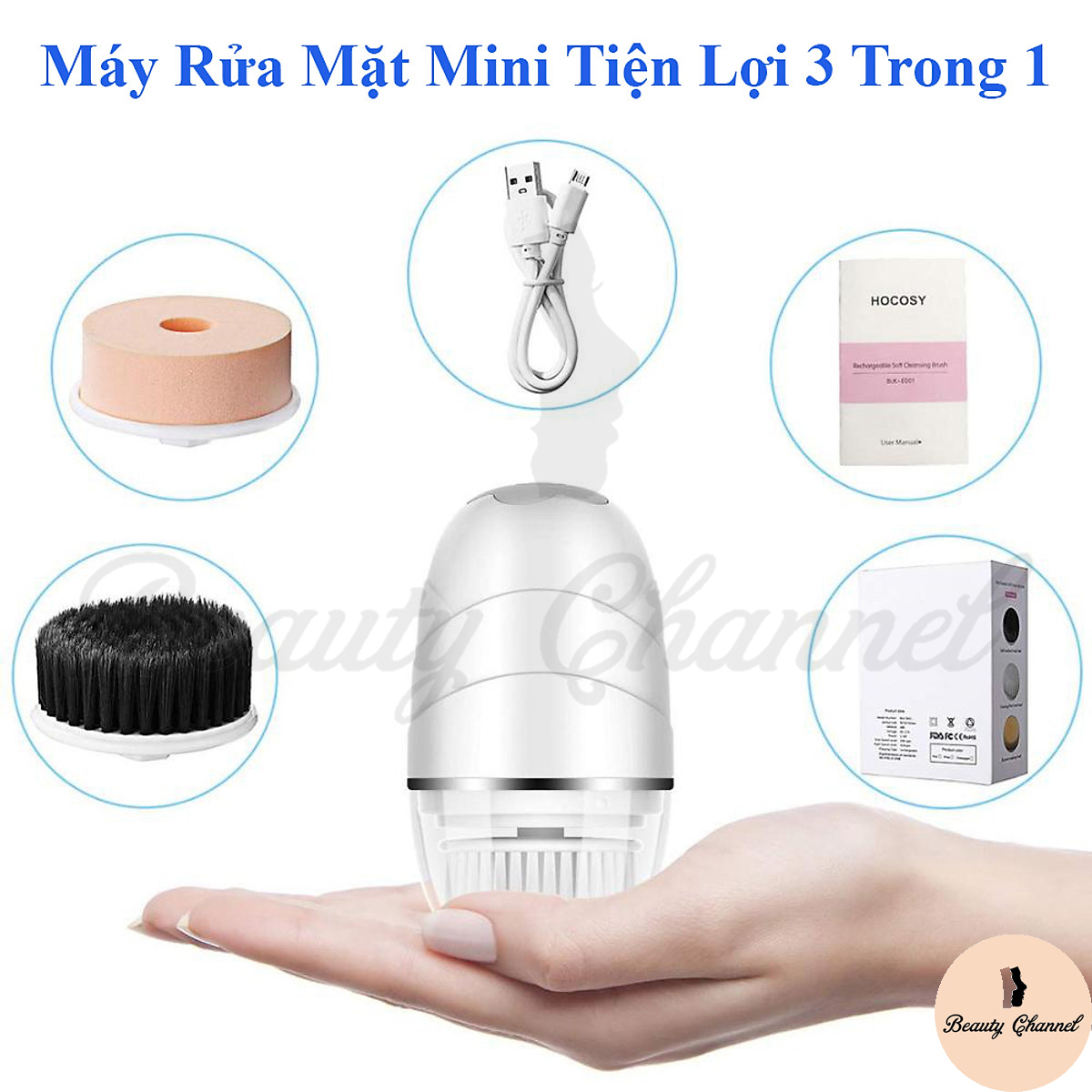 Máy Rửa Mặt Mini Tiện Lợi 3 Trong 1 – 3 Đầu Cọ Lựa Chọn - Tẩy Trang - Rửa Mặt - Làm Sạch Sâu