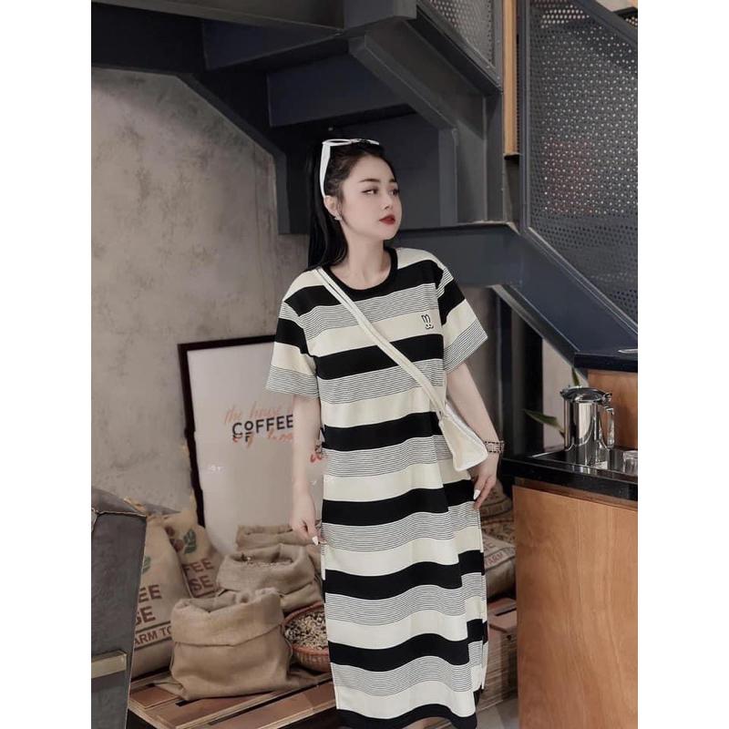 Váy V40, Đầm Suông Kẻ In Hình Tai Thỏ From Rộng, Dáng Dài Chất Cotton