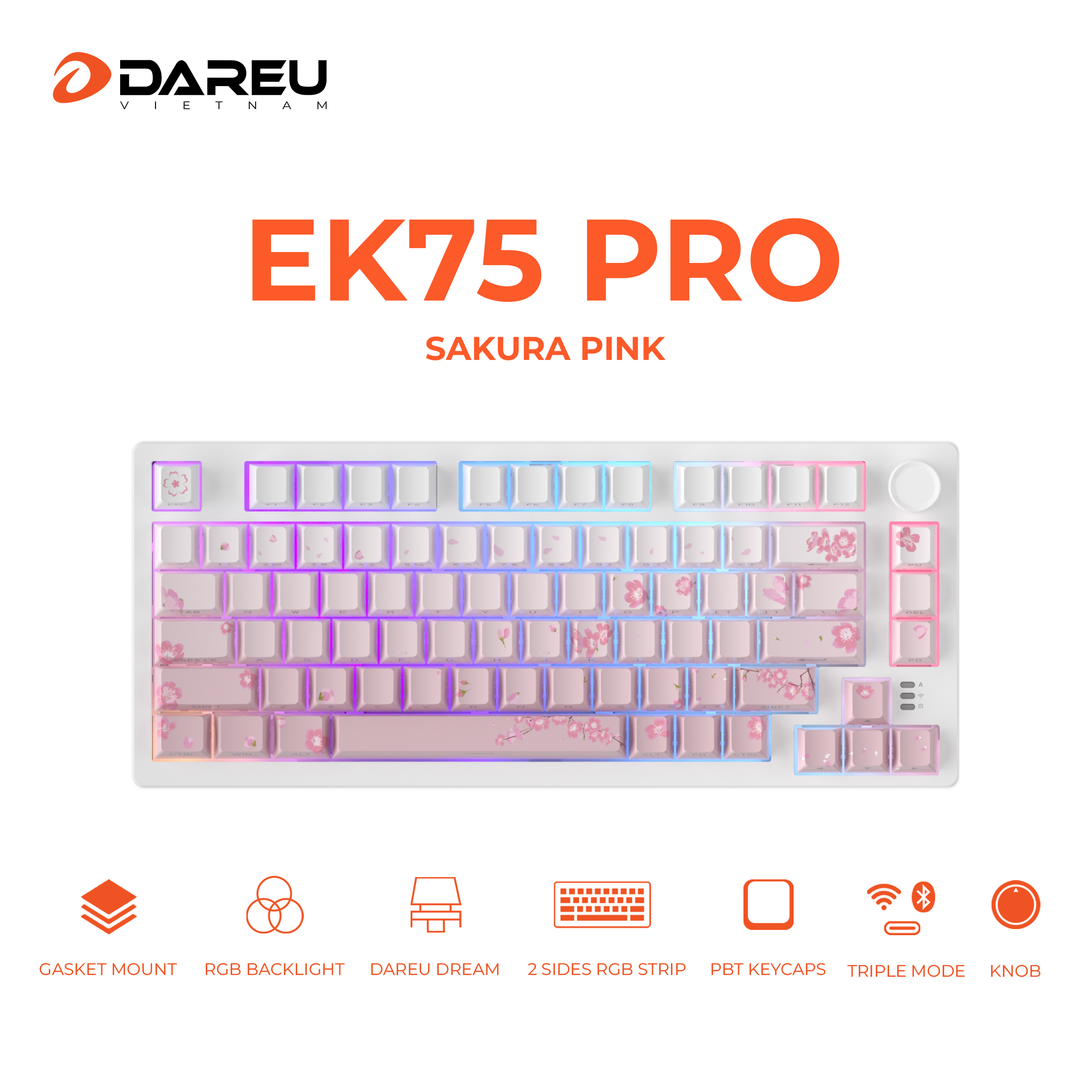 Bàn phím cơ Gaming DAREU EK75 PRO Sakura Pink ( TRIPLE MODE, hotswap, DareU DREAM switch )  -  Hàng chính hãng