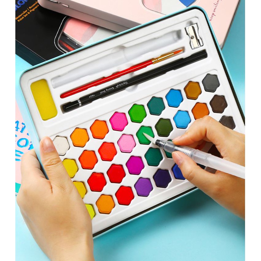 Bộ 36 màu nước Keep Smiling cao cấp vẽ tô màu họa cụ dễ thương kèm bút nước, bút lông, bút chì, gọt chì, miếng mút và giấy vẽ