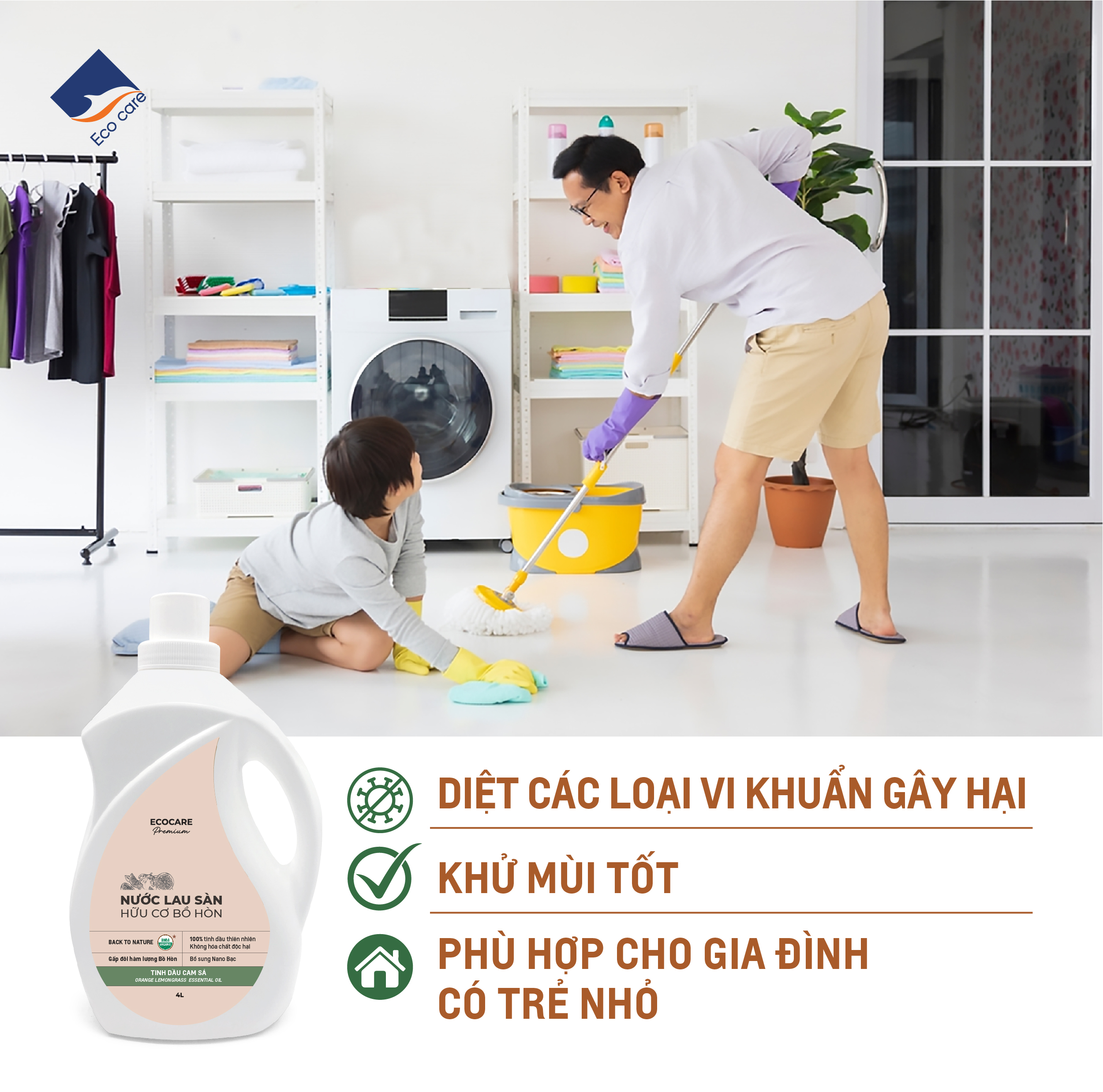 Nước Lau Sàn Hữu Cơ Bồ Hòn ECOCARE 1000ml-4000ml Hương Cam Sả/Chanh Gừng Đuổi Muỗi Đuổi Côn Trùng, Khử Mùi Hiệu Quả