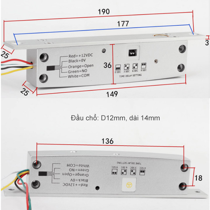 Chốt cửa điện từ thường đóng (cấp điện mở, ngắt điện khóa) 12VDC có độ trễ 0-3-6-9 giây, loại 5 dây