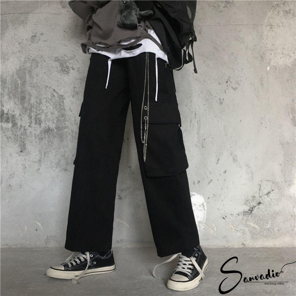 Quần kaki ống rộng SANVADIO Unisex - Kiểu quần kaki đen kèm xíchQD16