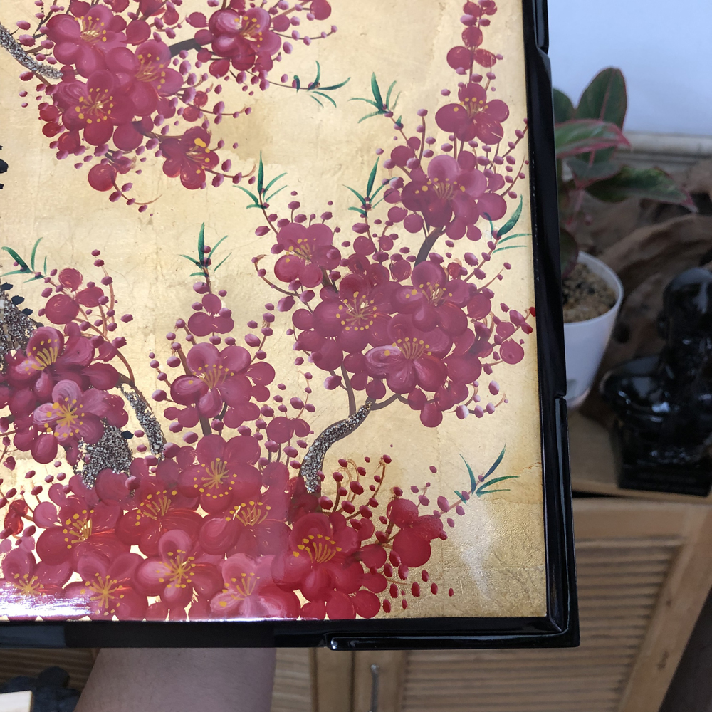 Hộp mứt Tết sơn mài vẽ hoa đào - khay đựng mứt sơn mài - Hình vuông 30x30cm - Thủ công mỹ nghệ sơn mài Việt Nam