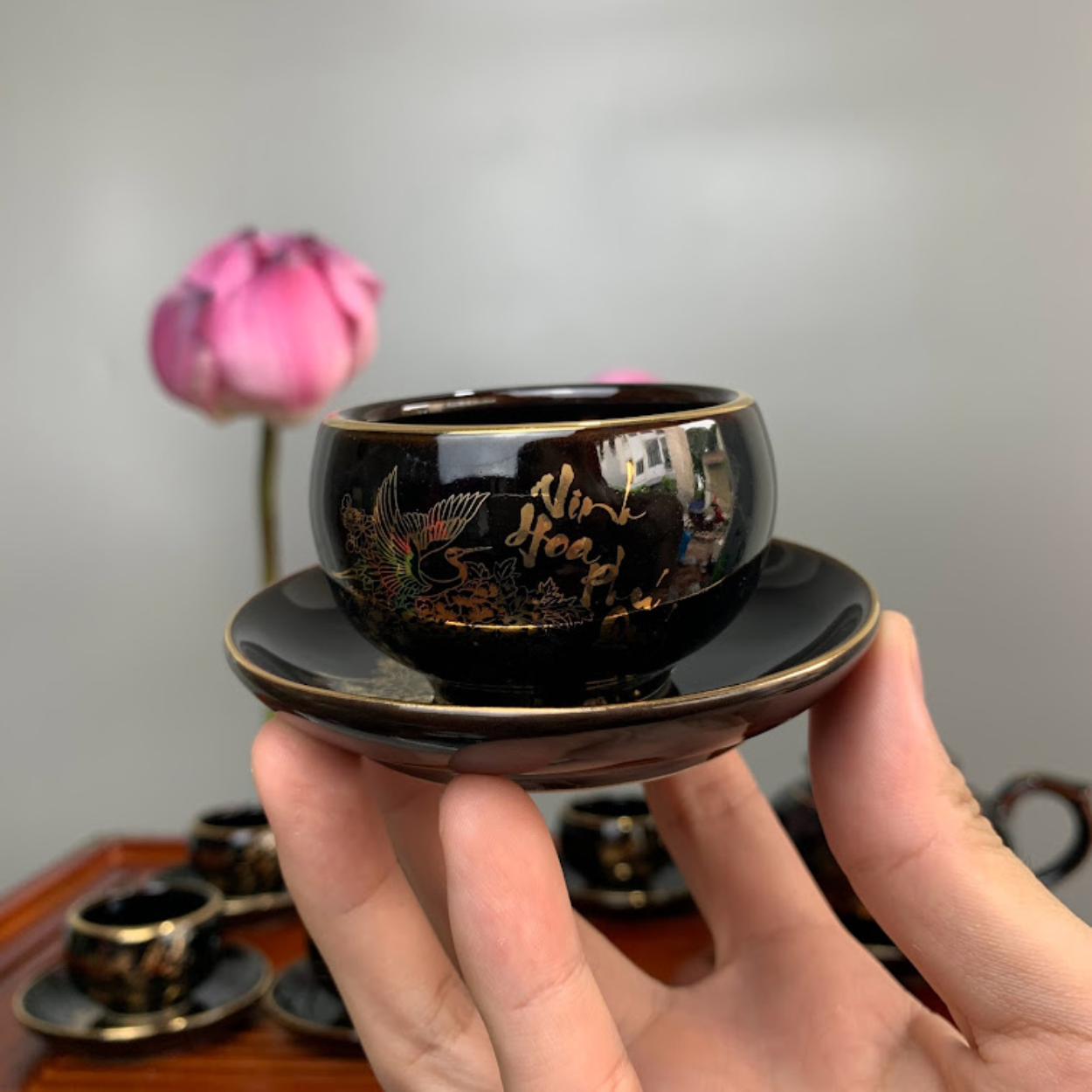 Bộ ấm chén uống trà cao cấp , bộ ấm trà Bát Tràng - vinh hoa phú quý men đen bóng