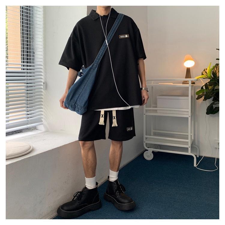 Bộ Áo Polo Cộc Tay Unisex Quần Short Ống Rộng In Logo