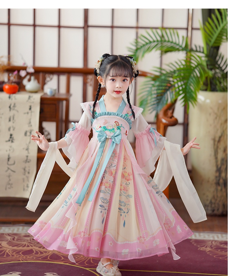 Đầm váy công chúa cổ trang hanfu thêu hoa cho bé gái diện lễ tết trung thu đẹp size 100-160kg hàng Quảng Châu