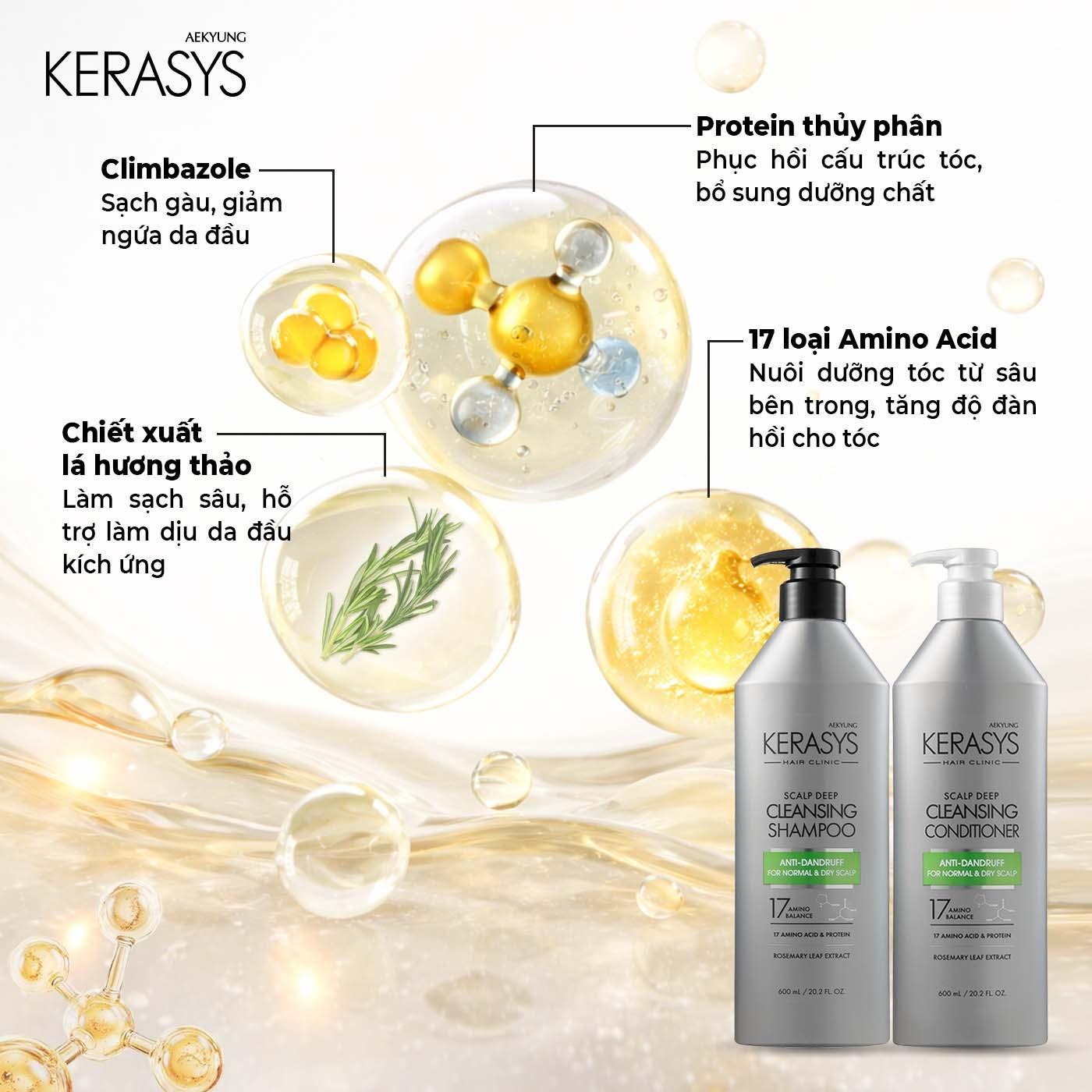 Dầu xả cao cấp Hàn Quốc Kerasys Hair Clinic Scalp Deep Cleansing (Sạch sâu da đầu, ngăn ngừa gàu dành cho da đầu thường &amp; khô) 600ml