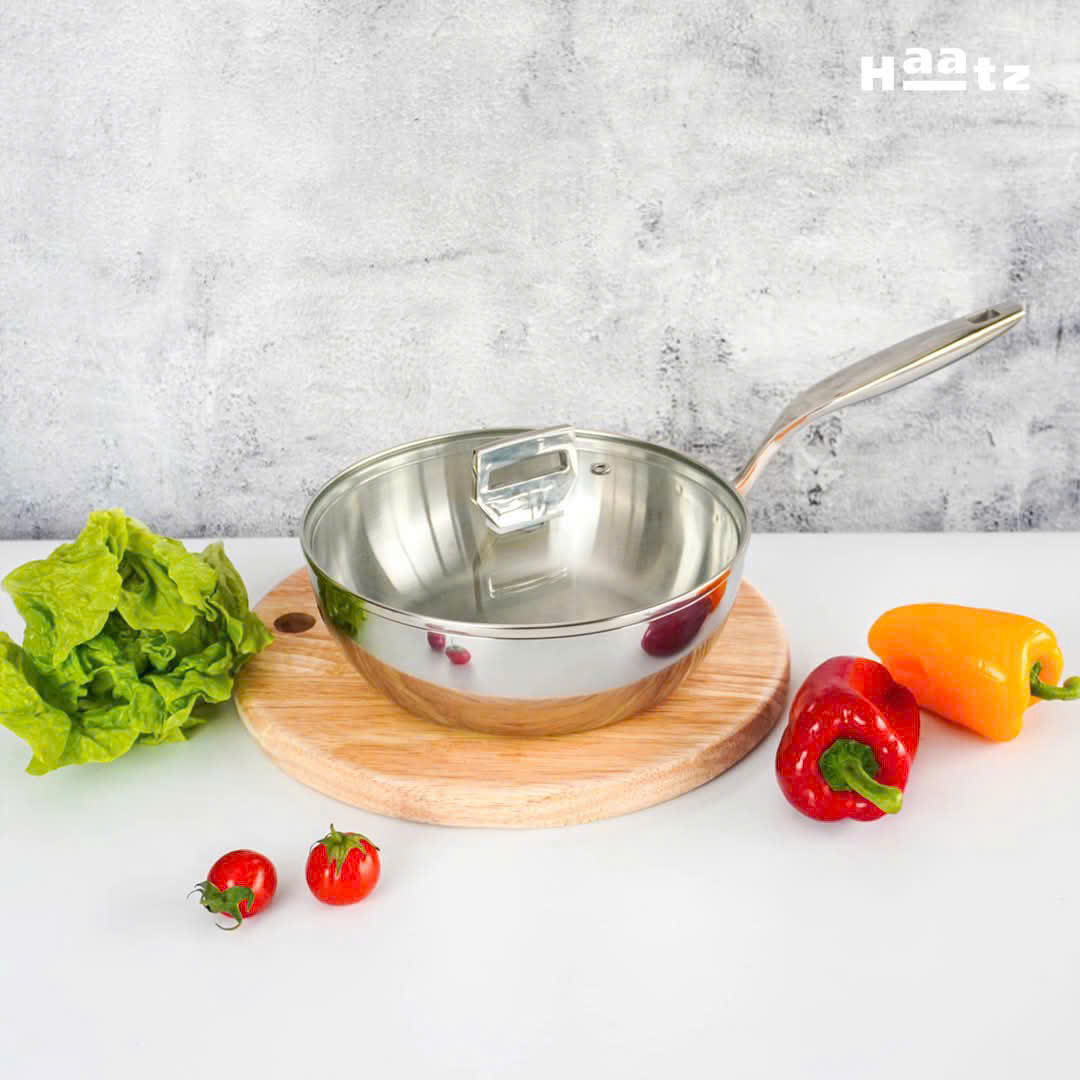 Chảo Sâu Lòng 24cm Inox 316 Nguyên Khối 3 Lớp Haatz HYP24, Dùng Cho Mọi Loại Bếp - Hàng Chính Hãng