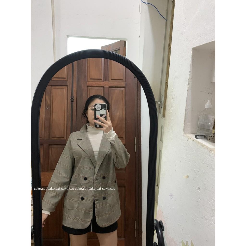 Áo Blazer kẻ nâu tây 4 cúc freesize (VIDEO ẢNH THẬT)