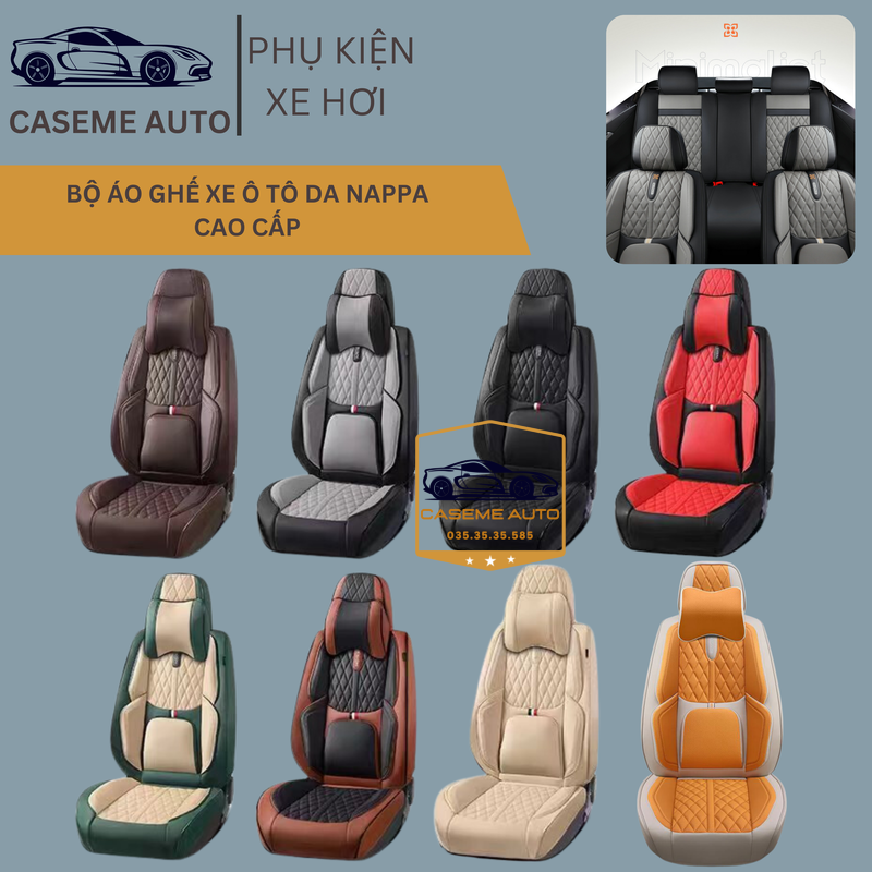 [Tặng Kèm 2 Gối] Bộ 5 Áo Bọc Ghế Ô Tô Da Nappa 9D Cao Cấp, Chống Nước Tốt, Dễ Vệ Sinh, Không Mùi, Có Chống Trượt (Mã 202) - Hàng Nhập Khẩu
