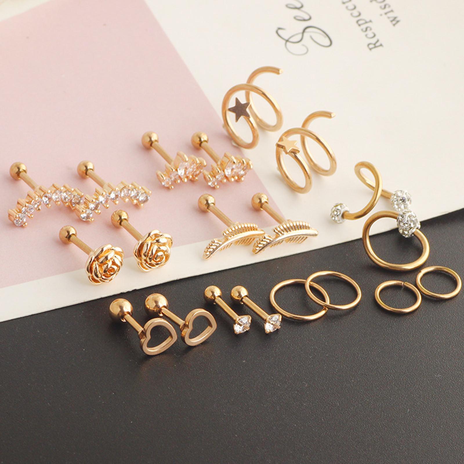 10 Pairs Tiny Stud Earrings Set Crown Moon Heart Disc Ball Small Flat Back Earrings Stainless Steel Barbell Earrings Piercing Set
