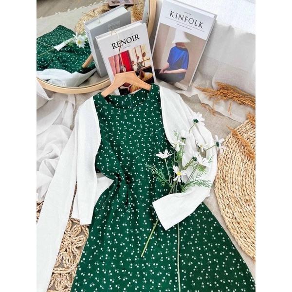 CM - SET ĐẦM XANH HOA NHÍ TAY NGẮN KÈM KHOÁC TRẮNG