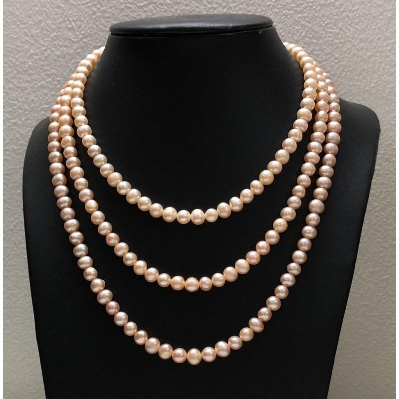 Vòng Cổ Hạt Màu Cam 3 Tầng Size 6-7ly, Vòng Cổ Ngọc Trai Nước Ngọt Tự Nhiên Sang Trọng - Trường Thịnh Ngọc Trai