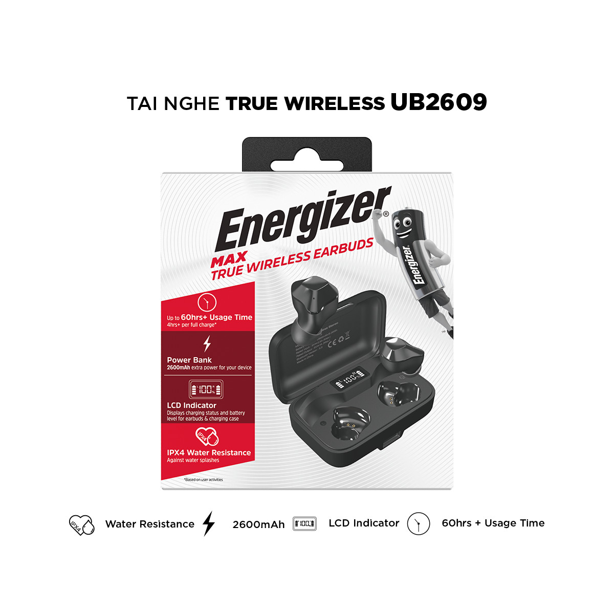 Tai nghe True Wireless Energizer UB2609 Bluetooth V5.0 - tích hợp sạc dự phòng, kháng nước - HÀNG CHÍNH HÃNG