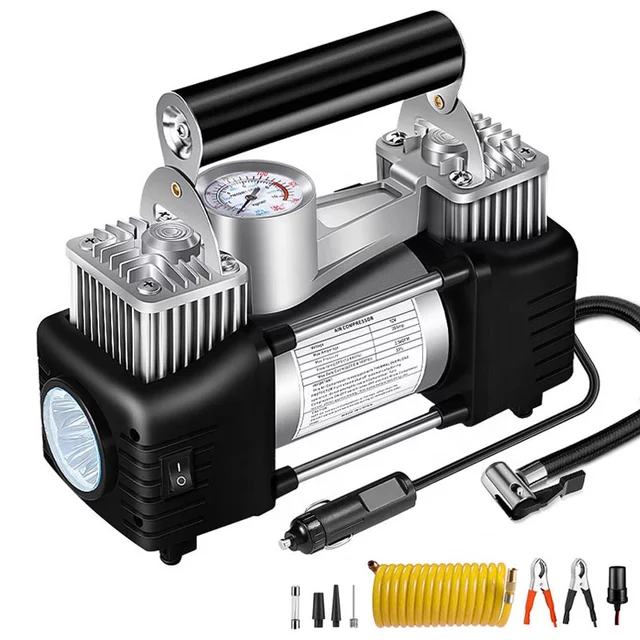 Bộ Máy Bơm Ô Tô 2 Xi Lanh Cao Cấp , Công Nghệ Nhật Bản Đồng Hồ Cơ /Đồng Hồ Điện Tử Tự Ngắt Và Đèn Chiếu Sáng Kèm Hộp Dụng Cụ