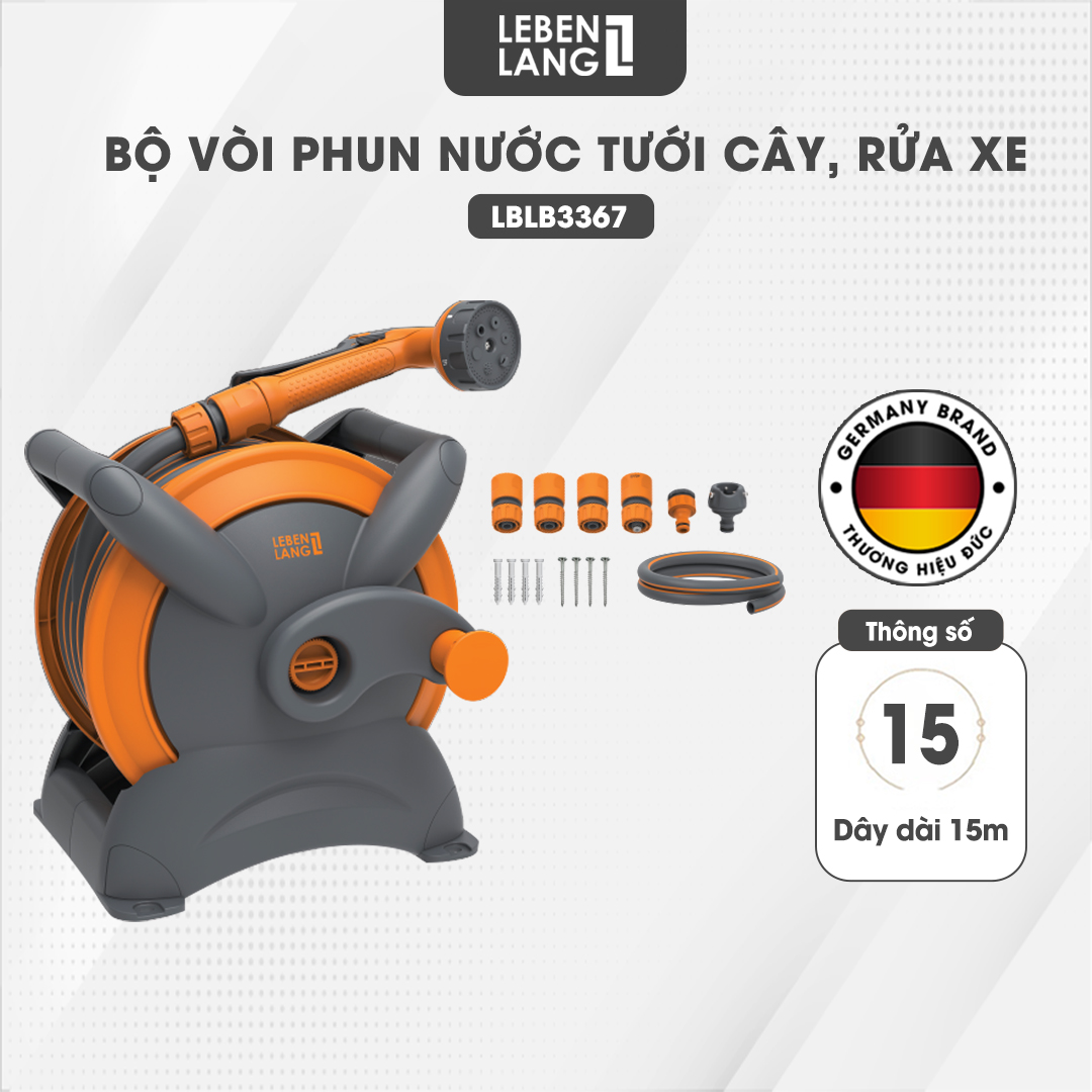 Bộ vòi nước tưới cây rửa xe đa năng Lebenlang LBLB3367 dây dài 15m, 7 đầu, treo được tường có ốc vít - hàng chính hãng
