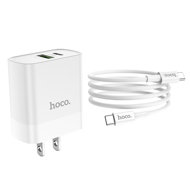 Bộ sạc Hoco C80 sạc nhanh QC3.0 PD18W 2 cổng sạc USB và TypeC dây cáp TypeC to TypeC 1m chất liệu chống cháy