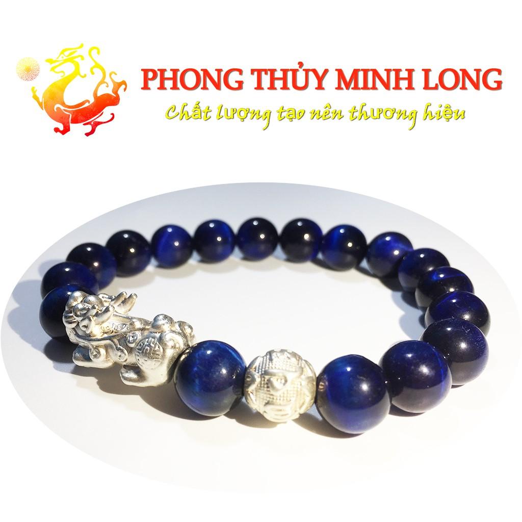 Vòng tay đá Mắt Hổ Xanh Dương chất lượng 5A mix tỳ hưu và 1 hạt kim tiền Bạc hợp mệnh thủy và Mộc