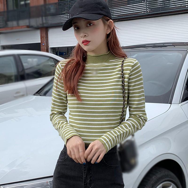Áo Sweater Dệt Kim Cổ Lọ Kẻ Sọc Xinh Xắn Cho Nữ