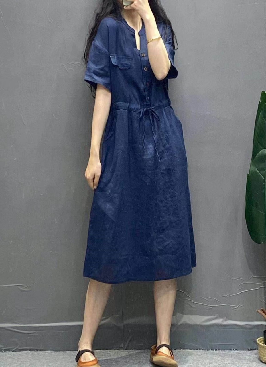 Đầm suông linen cổ V túi đắp thắt eo, thời trang phong cách Hàn - Đầm công sở nữ Haint Boutique Da163