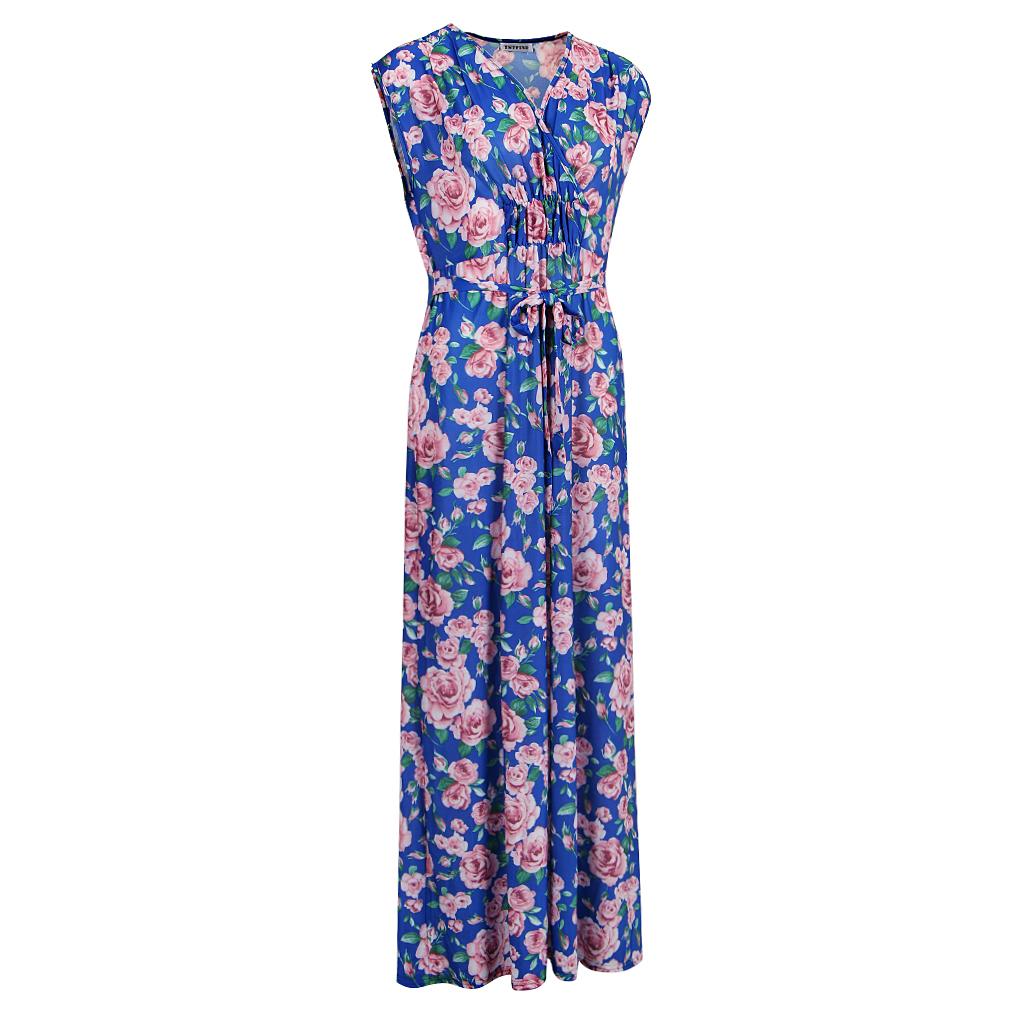 Women's V Neck Sleeveless Stretchy Wrap Waist Floral Boho Maxi Beach Party Dresses