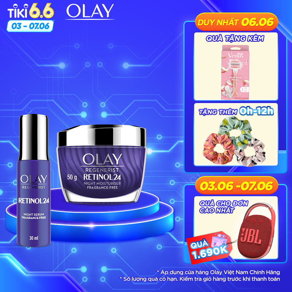 Combo OLAY Ngăn Ngừa Lão Hóa Chiết Xuất Retinol24: Kem Dưỡng Ban Đêm 50g Và Serum 30ml