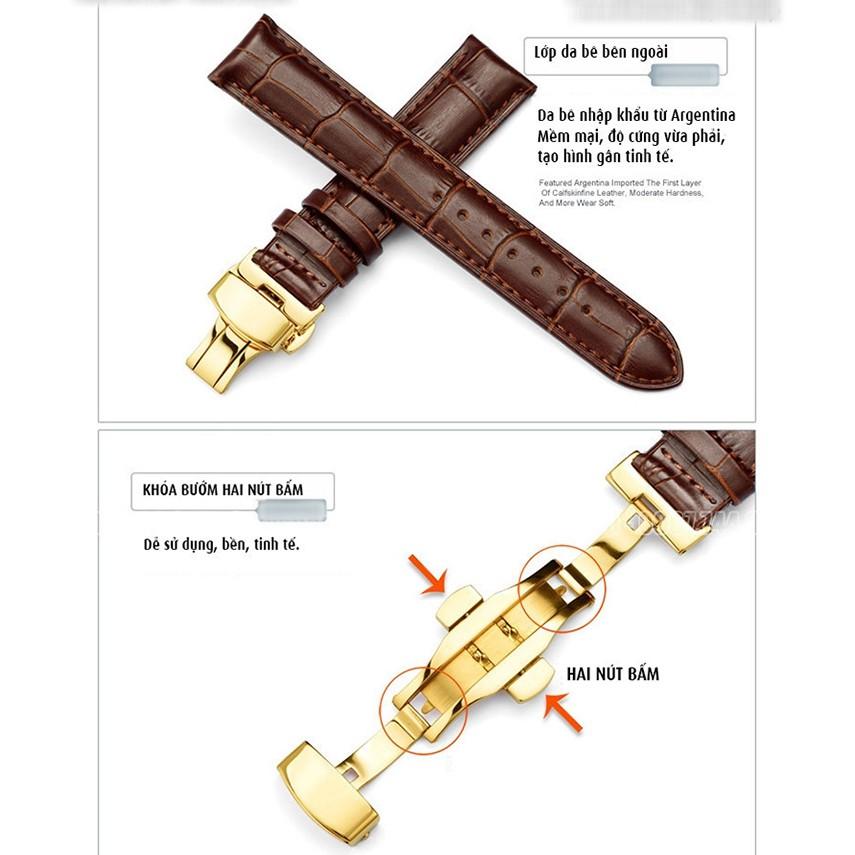 Dây đồng hồ ️️ da bò thật dập vân cá sấu full hộp gỗ, 4 chốt kèm dụng cụ thay dây