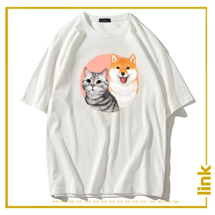 Áo trắng tay lỡ CHÓ MÈO CUTE dáng rộng unisex