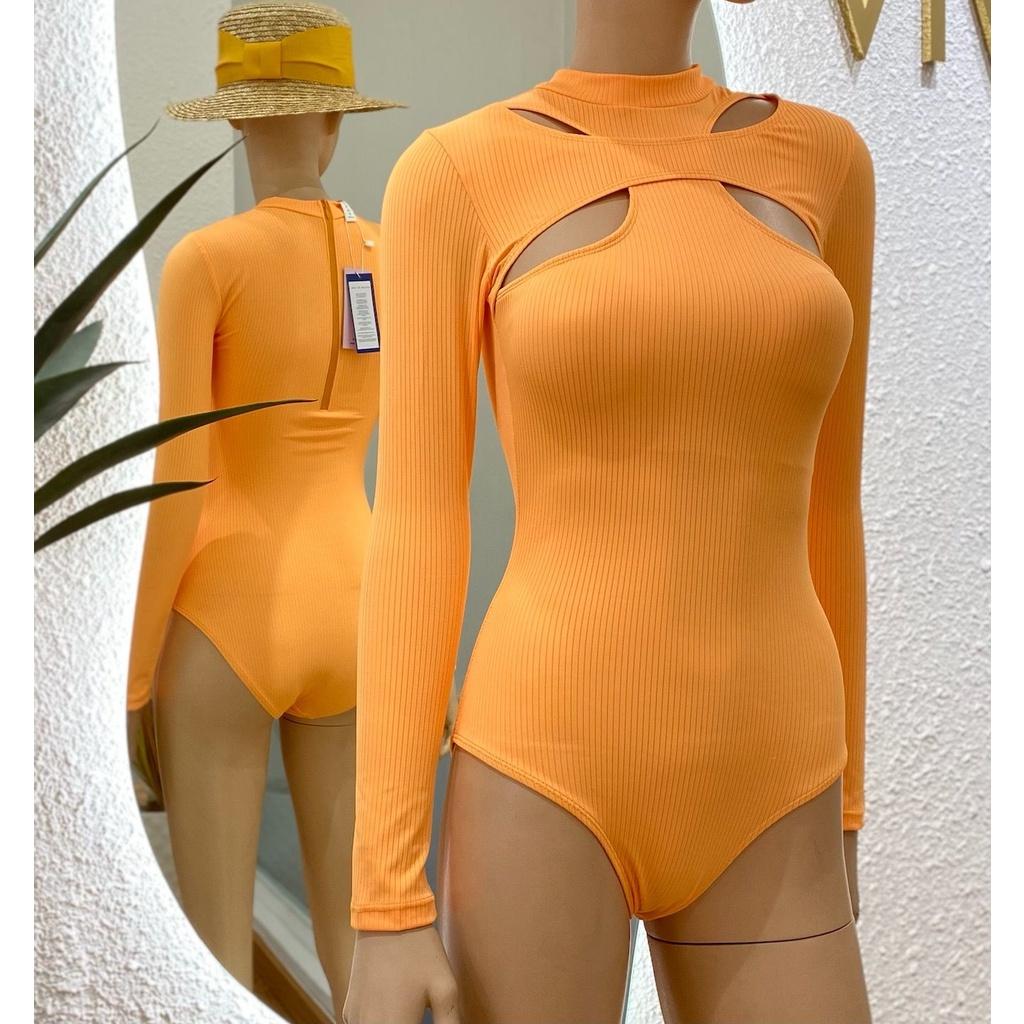 Đồ bơi nữ cao cấp dạng một mảnh tay dài cutout gợi cảm - màu Vàng Cam - VS194_YL