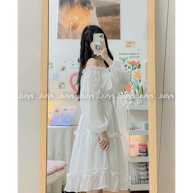 váy trễ vai trắng tay bồng dáng dài, đầm trễ vai tiểu thư dự tiệc chất đẹp, ulzzang xinh xắn