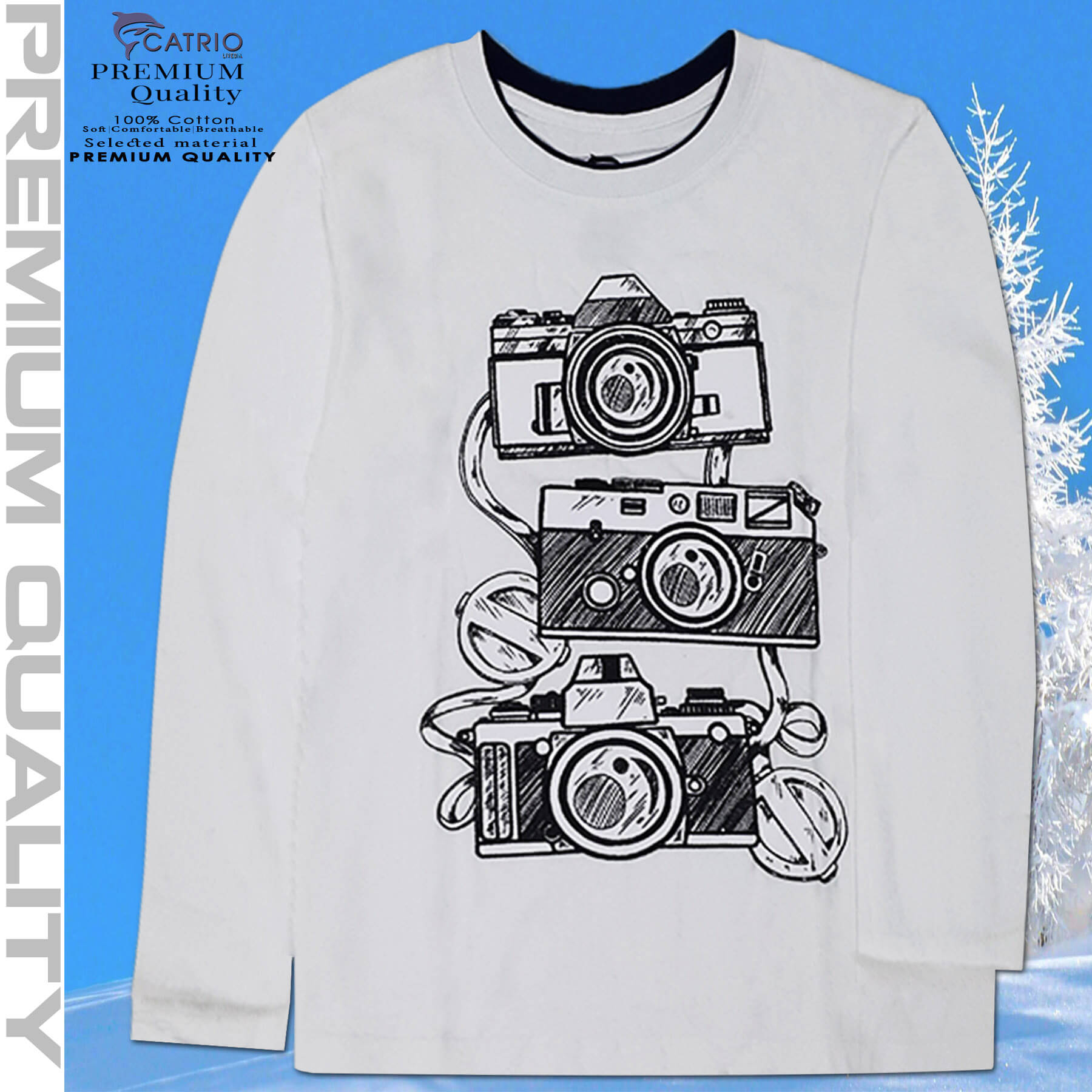 ÁO THUN DÀI TAY BÉ TRAI CATRIO in 3 máy ảnh màu TRẮNG là áo phông trẻ em từ 9 tuổi 10 11 tuổi  vải 100% cotton an toàn thuộc BST quần áo trẻ em mùa thu đông CATRIO + quần dài thành bộ đồ thu đông bé trai đẹp