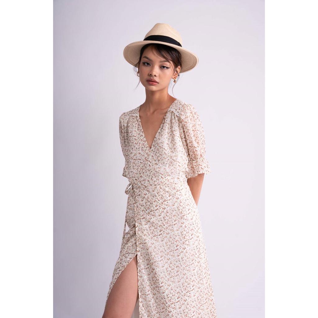 OLALASTUDIO Đầm voan cổ V hoa liti - Dai Wrap Dress