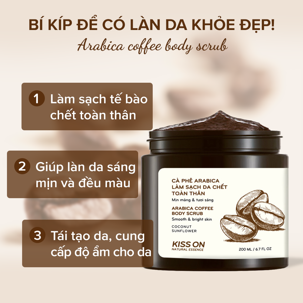 Tẩy tế bào chết cà phê KISS ON cho body giúp làm sạch da, mịn màng tươi sáng dung tích 200ml JN-KI-TDC01