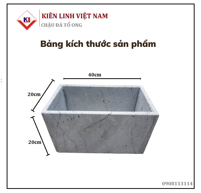 Chậu trồng cây R20xS20xD40cm bằng đá ong xám tự nhiên trồng cây cảnh ban công, sân thượng bền đẹp chịu được mọi thời tiết