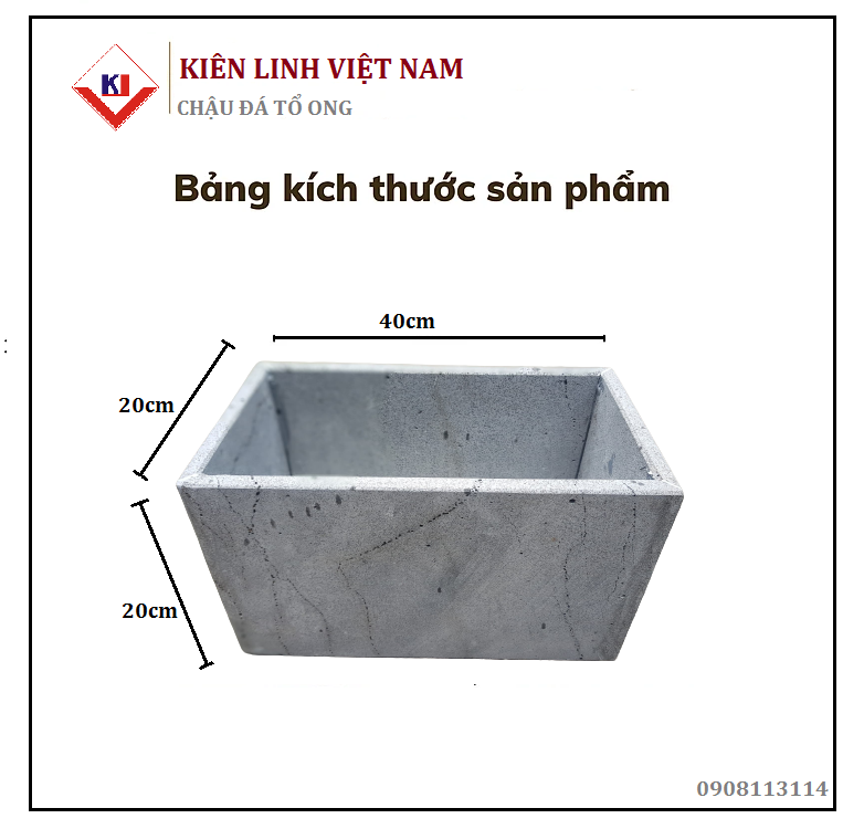 Chậu trồng cây R20xS20xD40cm bằng đá ong xám tự nhiên trồng cây cảnh ban công, sân thượng bền đẹp chịu được mọi thời tiết