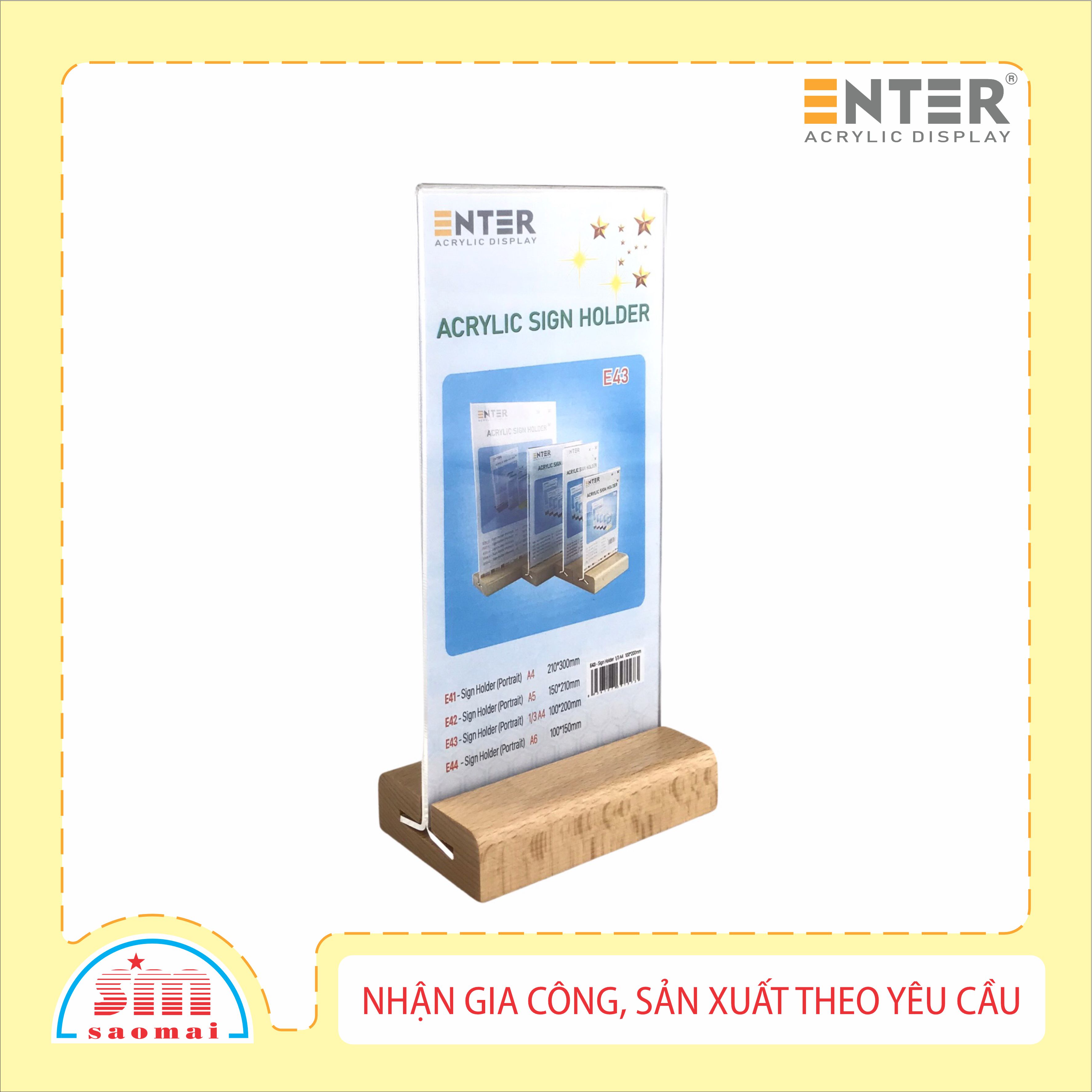 Kệ mica 2 mặt Enter E43 100x210mm đế gỗ 1/3A4 đứng