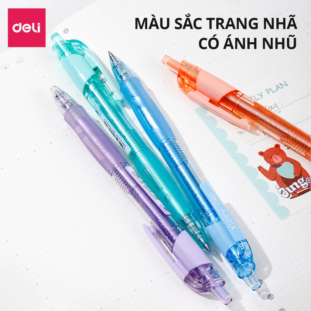 Bút Gel Bút Bi Nước Màu Pastel Phối Nhũ Ngòi 0.5mm Deli - Bút Bi Nước Mực Đều Viết Trơn Tru Văn Phòng Phẩm Cao Cấp