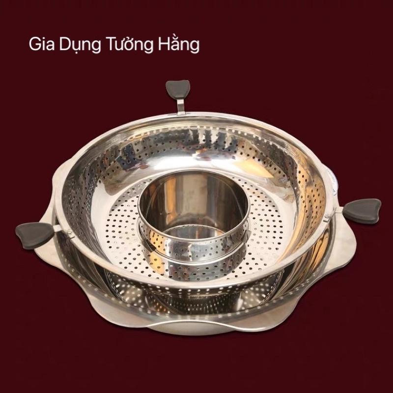 Nồi lẩu inox xoay 2 tầng Hàn Quốc, Nồi lẩu inox 2 tầng dùng được cả bếp từ và bếp gas, Xoong ăn lẩu đa năng