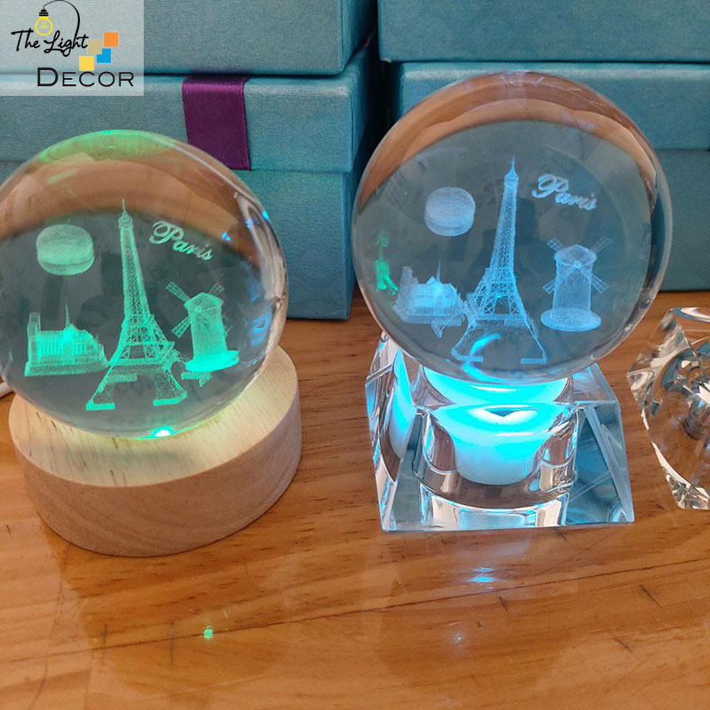 Bộ Quà Tặng Quả Cầu Pha Lê 3D larser LED PARIS 6cm
