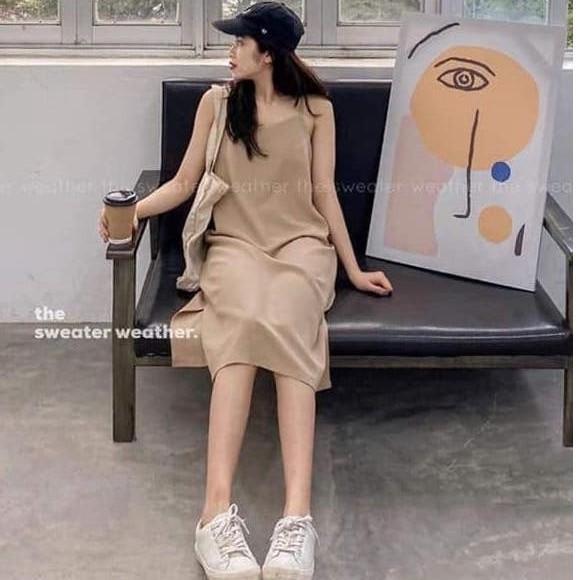 Váy xuông chất đũi lụa trơn 2 dây basic nữ