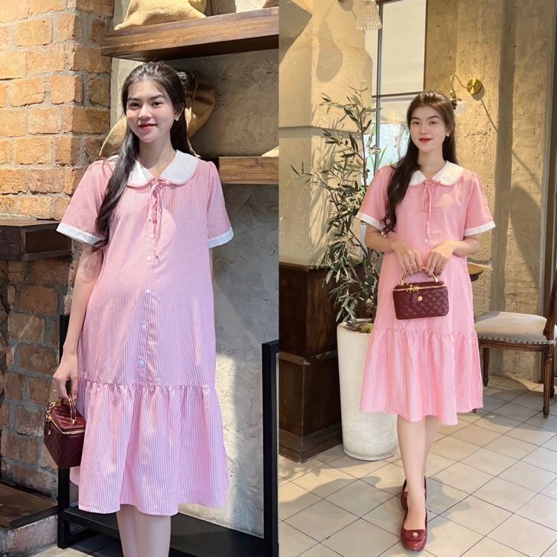 Đầm Bầu Công Sở Kẻ Sọc Phom Đuôi Cá Phối Viền Tay Trẻ Trung Chất Cotton Mềm Mát Mẻ Cho Mùa Hè - Đen