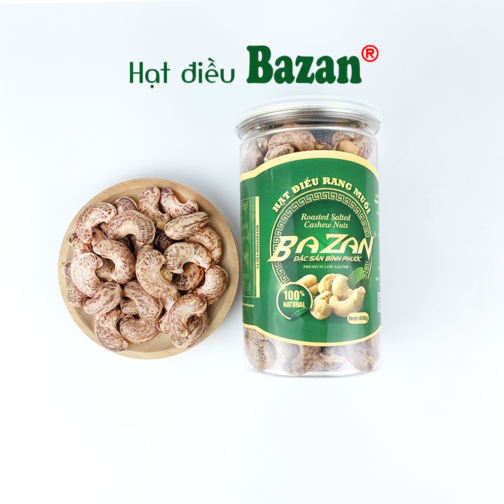 Hạt điều rang muối Bazan Bình Phước nguyên hạt dinh dưỡng A+ loại 1 hộp 400g nắp bật còn vỏ lụa