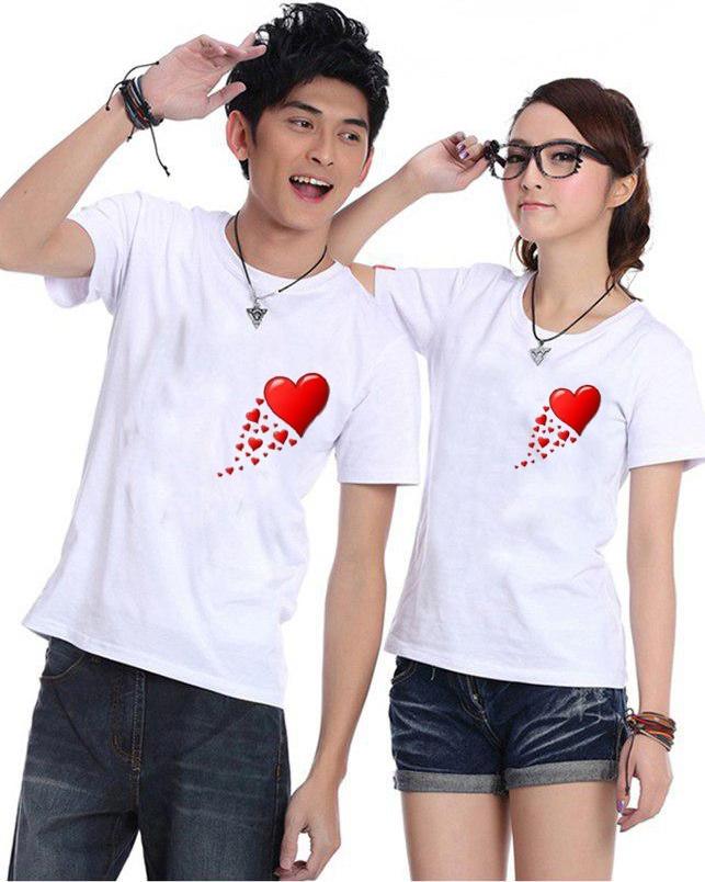 Bộ Áo Thun Đôi Tim Yêu Màu Trắng Nam Nữ