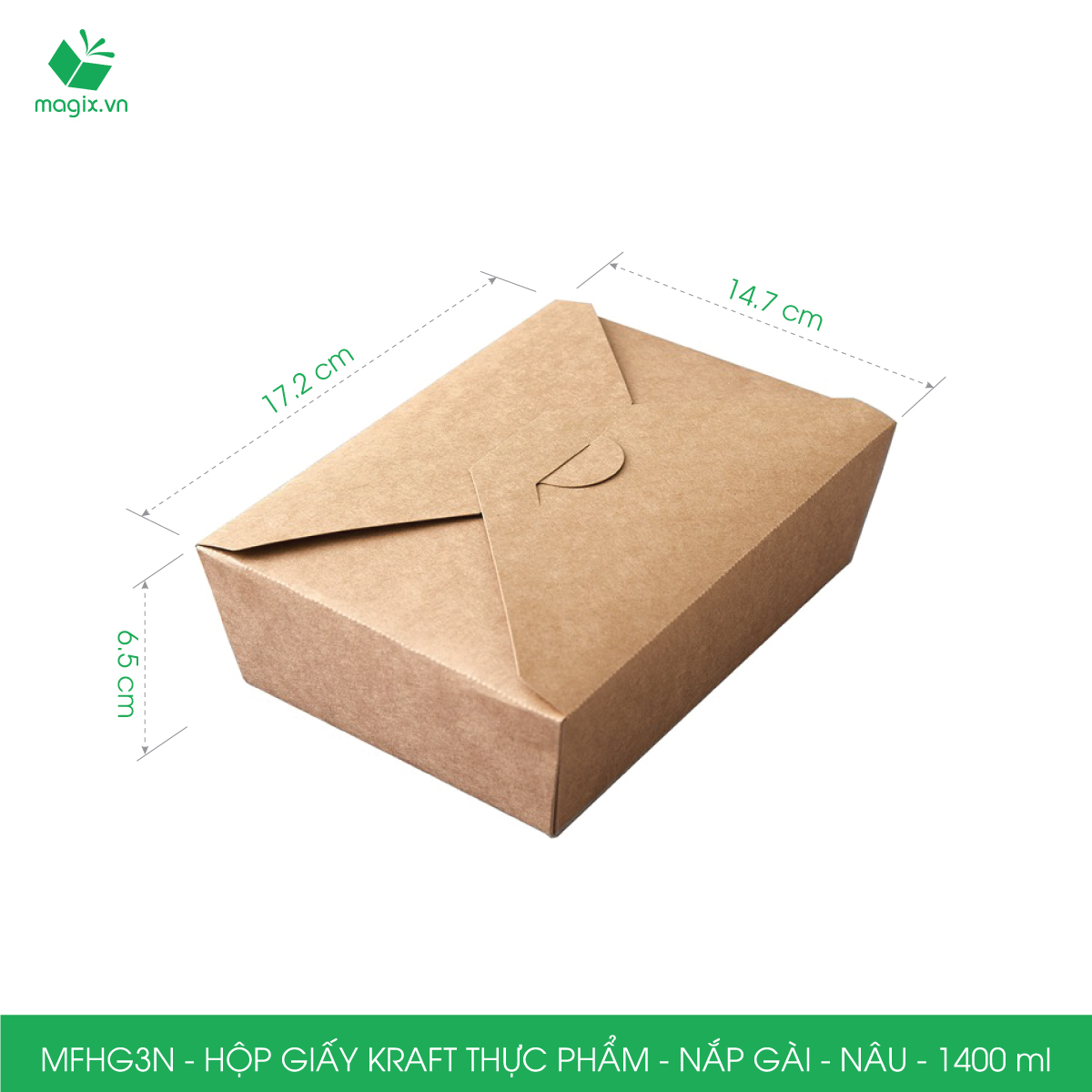 MFHG3N - 50 hộp giấy kraft thực phẩm 1400ml, hộp giấy nắp gập màu nâu đựng thức ăn, hộp giấy nắp gài gói đồ ăn mang đi 