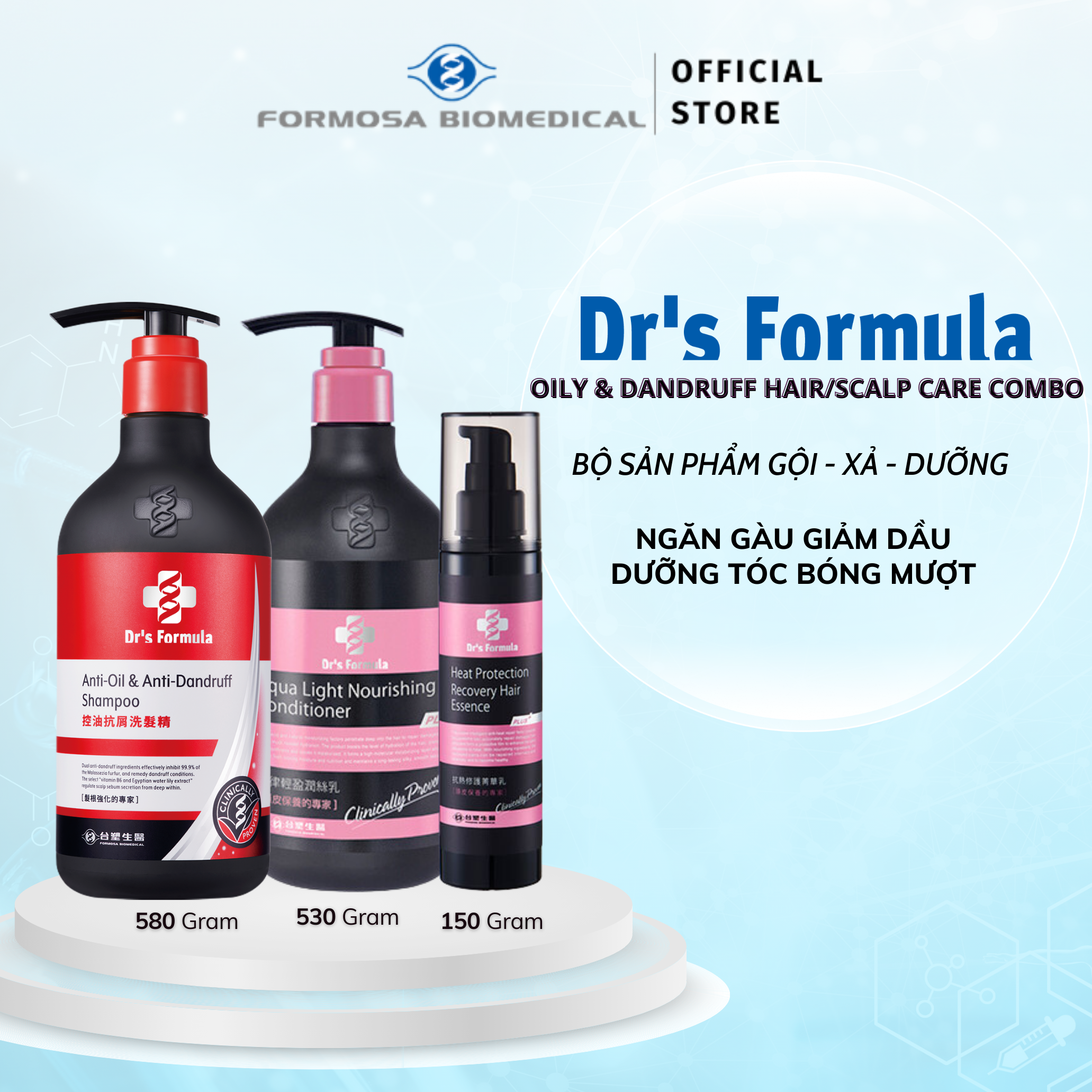 Combo Gội-Xả-Dưỡng Ngăn gàu giảm dầu dưỡng tóc bóng mượt Dr's Formula