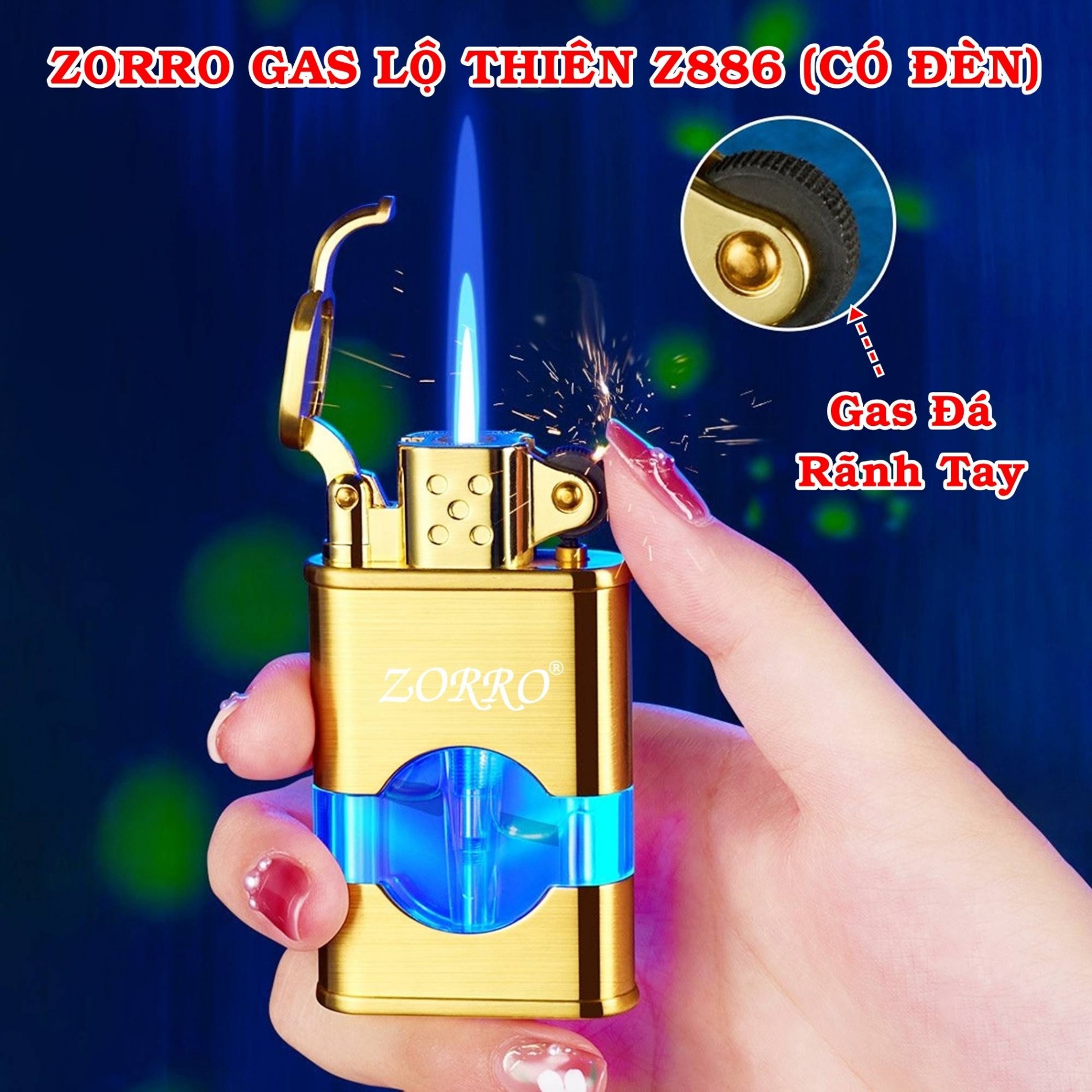 Hột quẹt bật lửa khè ZORRO gas lộ thiên Z886 có đèn - xài gas