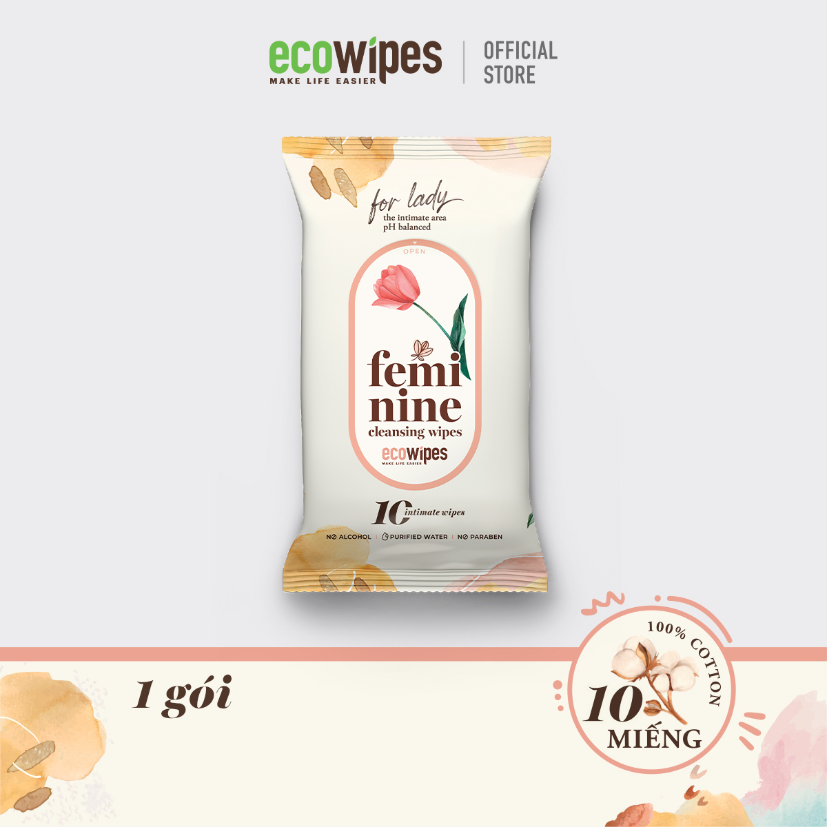 Khăn giấy ướt phụ khoa Ecowipes gói 10 tờ vệ sinh cho phụ nữ hương Daisy size 15x20cm nhỏ gọn dễ bỏ túi