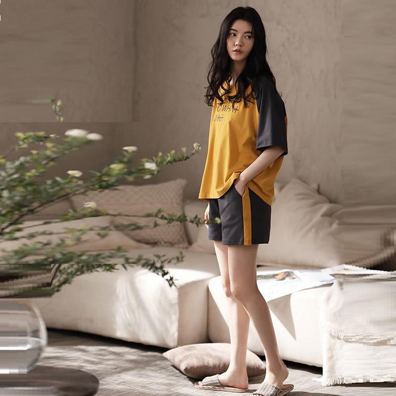 Bộ mặc nhà nữ thun cotton tay phối màu trẻ trung